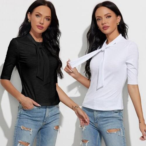 2021 spring new womens casual slub cotton solid slim top kawaii bow half-sleeve versatile elegant T-shirt for office lady