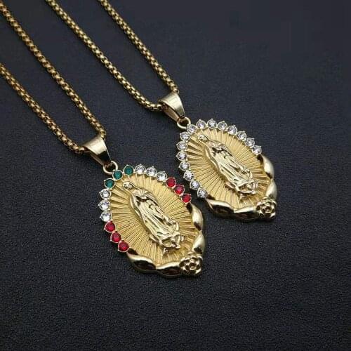 Virgin Mary stainless steel Pendant Necklace with rhinestone for Women Gold Color Our Lady Jewelry Wholesale