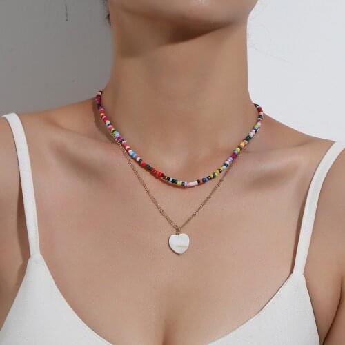 2021 Trendy Colorful Pearl Heart Pendant Necklaces For Women Bohemia Beads Clavicle Chain Necklace Short Choker Jewelry Set Gift