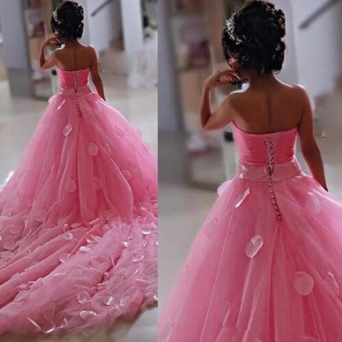 Lovely Pink Little Flower Girls Dresses Lace 3D Hand Made Flowers Sleeveless Chapel Train with Big Bowk Peagent Dresses