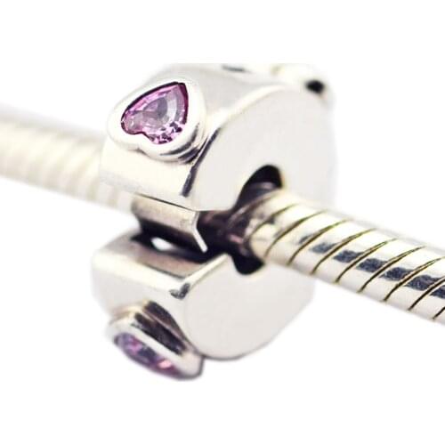Fits for Pandora Charms Bracelets 100% 925 Sterling-Silver-Jewelry Explosion of Love Clip Beads with Pink Clear CZ Free Shipping