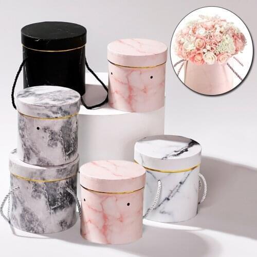 Portable Round Flower Box With Rope Creative Marble Romantic Valentines Day Birthday Party Candy Gift Wrap Flower Bucket