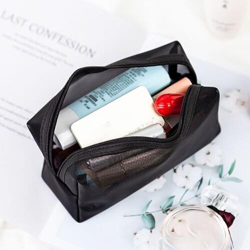 1pc Black Mesh Storage Pouch Transparent Makeup Bag Zipper Cosmetic Organizer Travel Toiletry Sundries Container Pencil Case