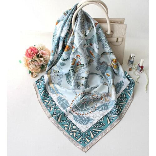 Luxury 100% Twill Silk Scarf Women Fashion Ethnic Tribal Style Jewelry Print Shawl Hijab Hand Rolled Kerchief Bandana 90*90cm