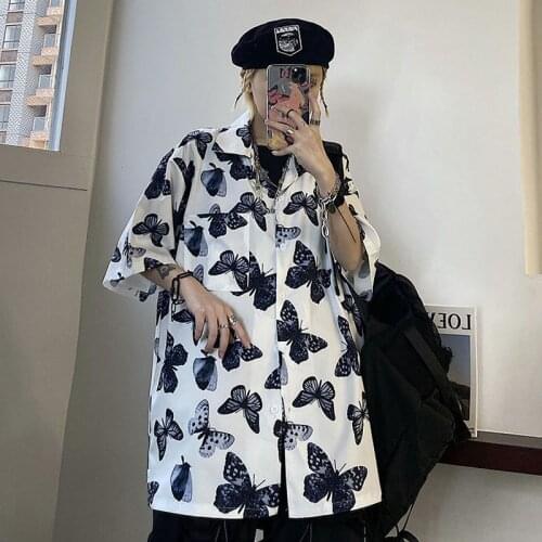 2021Preppy shirt new Harajuku bf dark self-made butterfly print oversize short-sleeved blouse lovers shirt trend hip hop tops