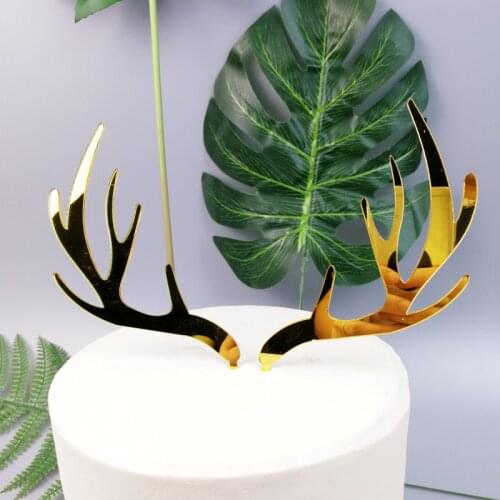 2pcs Merry Christmas Cake Topper Gold Silver Deer Elk Antlers Acrylic Cake Topper For Christmas Party Cake Decorations Xmas 2021