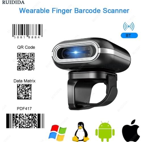 QR Code 1D/2D Ring Scanner Wearable Scanner Finger Barcode Reader Bluetooth Barcode Scanner Portable Bar code Scanner PDF Code
