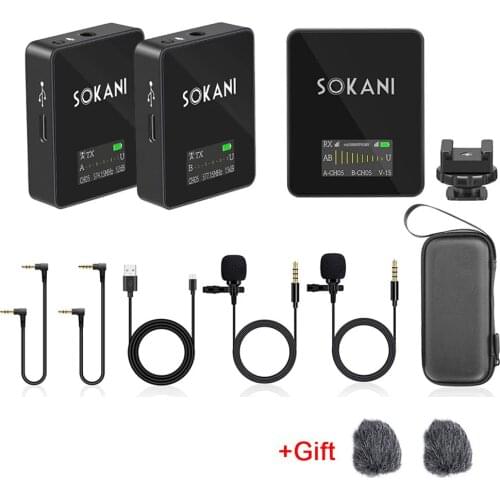 SOKANI TINY Twin Dual Lavaliers Microphone Wireless Two Transmitter Kit One Receiver For Camera Mobile Phone Vlog Live Video