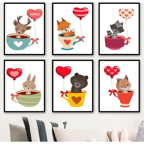 Balloon Cup Raccoon Squirrel Rabbit Bear Fox Nordic Posters And Prints Wall Art Canvas Painting Wall Pictures Kids Room Decor