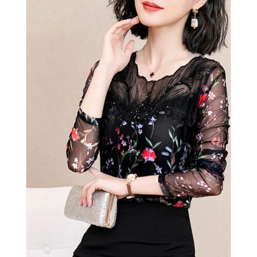 Womens Mesh Lace Sexy Plus Velvet Thicken Bottoming Shirt Hollow Printed Shirt Long-sleeved Blouse Autumn Winter New Tops f1842