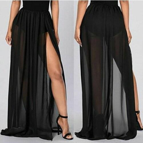 Women Skirt Bikini Cover Up Sarong Tulle Swimwear Sheer Beach Maxi Wrap Skirts High Waist Long Skirts Big Swing High Split Skirt