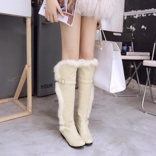 Rabbit Hair Long Tube Knee Length High Boots Low Heel Snow Womens Boot