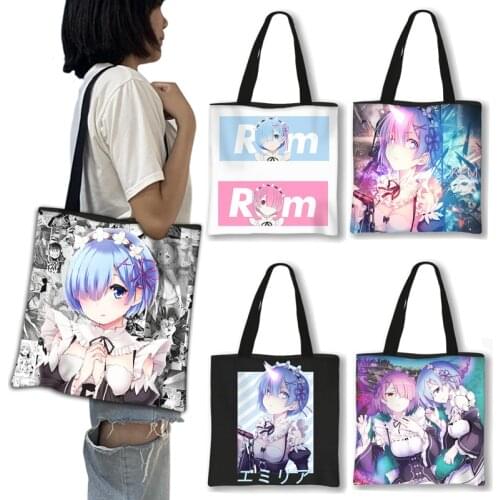 Re:Zero Kara Hajimeru Isekai Seikatsu Shopping Bags Anime Girls Totes Emilia Rem Women Handbag Casual Shoulder Bag for Travel