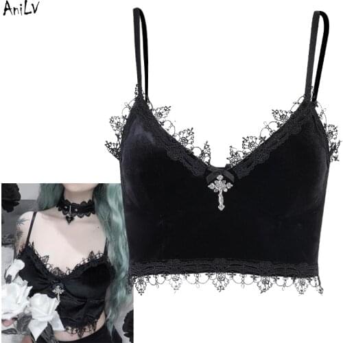 AniLV Middle Ages Gothic Dark Vampire Spaghetti Strap Top Costume Lace Edge Cross Short Bra Top Medieval SCA LARP Cosplay
