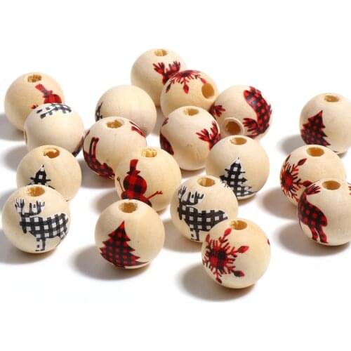 16mm Multicolor Wood Christmas Elk Tree Pattern Spacer Beads Round Ball Loose Beads DIY Making Bracelets Necklace Jewelry,20PCs