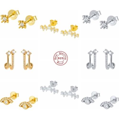 GS 925 Sterling Silver Diamond Stud Earrings For Women Shiny Cubic Zirconia Jeweled Eyes Line Ear Stud Party Fine Jewelry Gif