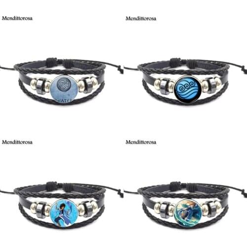 Mendittorosa Avatar the Last Airbender Glass Cabochon Jewelry Black Leather Bracelet Bangle