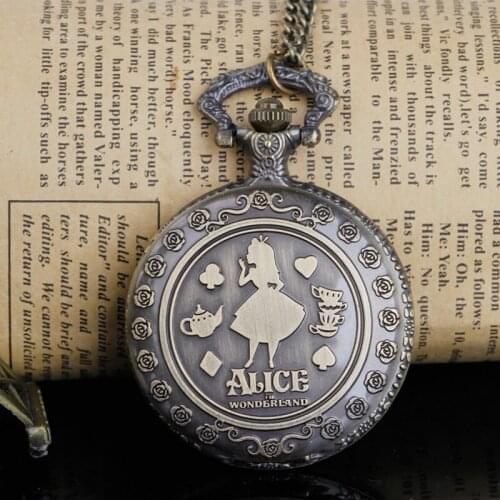 Vintage Retro Alice Theme Pocket Watches Bronze Vintage Quartz Pocket Watches Necklace Chain Watches Mens Womens Gift CF1254