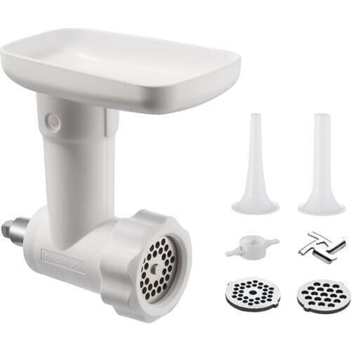 Food grinder accessories for KitchenAid stand mixers include a tuber grinder plate filled with sausage Two color options