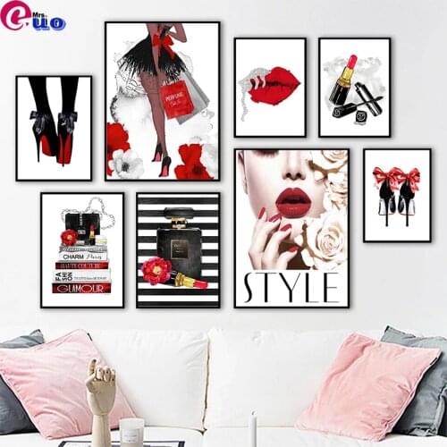 Fashion Girl Perfume Red Lips Rose Bag Diamond Painting Nordic Cross Stitch Diamond Embroidery 5d Pictures For Living Room Decor
