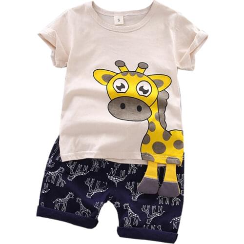 Summer new childrens short sleeve cartoon printing set boy girl cartoon giraffe short sleeve shorts childrens two piece set
