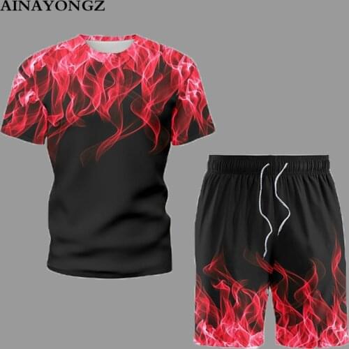 Summer Clothing Men Short Sleeve Set Red Flame Print Trend Tracksuit Suit For Male Oversized T-Shirt Shorts Casual 2- Piece 5XL