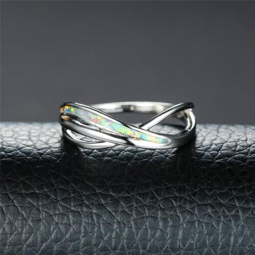 Cute Female Blue White Opal Ring Classic Silver Color Thin Wedding Earrings Charm Hollow Cross Engagement Rings For Women