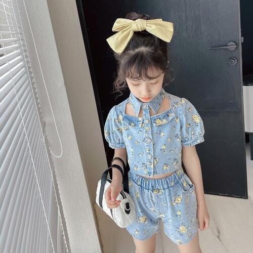 Girls Fashion Clothes Set Blue Color Floral New Design Summer Wear Children Clothing Suit Kids Ouotfits Blouse Shirt and Shorts