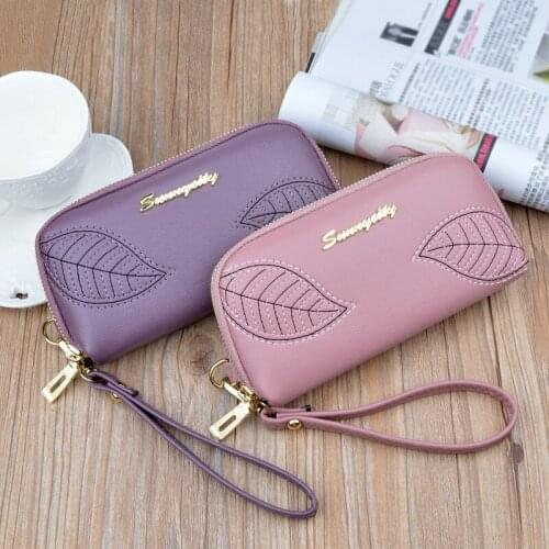 Fashion New Purse Women Embroidered Leaf Wrist Bag Ladies Long Zipper Hand Purse Fashion Coin Purse Mobile Phone Bag
