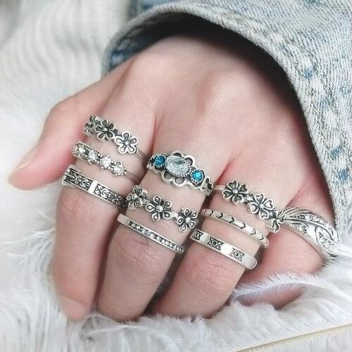 10pcs/set Vintage Silver Color Crystal Flower Rings Set Ethnic Totem Zircon Carved Knuckle Finger Midi Ring for Women Jewelry