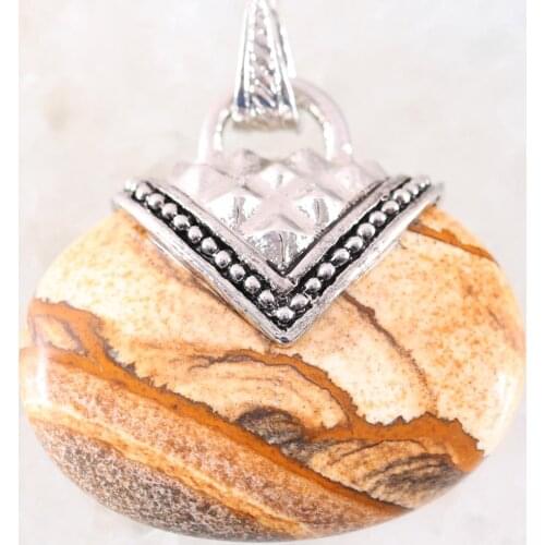 Oval Pendant 40x40MM Natural Stone CAB Cabochon Bead Picture Jaspers Fit Necklace For Men Women Jewelry Gift K1153