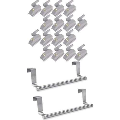16Pcs Hinge Led Sensor Light for Kitchen Cabinet & 2pcs Stainless Steel over Door Towel Rack Bar Holders