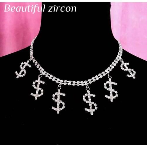 Sexy womens money dollar Rhinestone Crystal Pendant Necklace statement jewelry double row Collar Necklace party neck chain acce