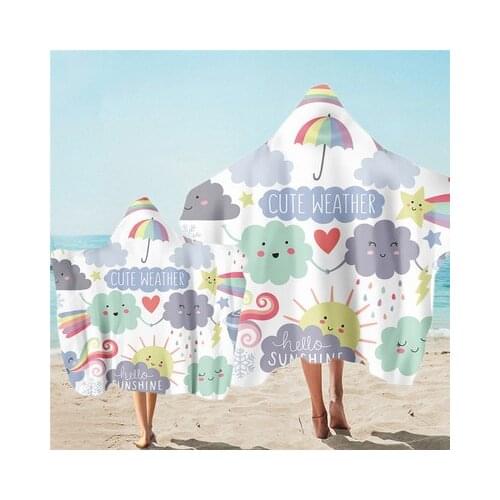 Parent-kids Cute Weather Printed Microfiber Beach Poncho Towel Quick Drying Soft Wearbale Hooded Bath Towels Beachwear