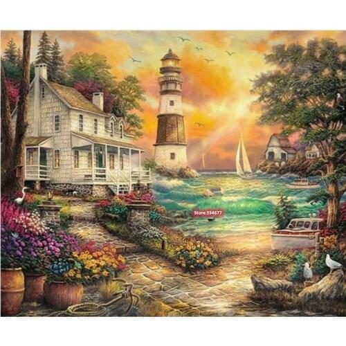 Beach House Scenery Cross Stitch Kits 14CT Unprinted For Embroidered Handmade Arts Set Wall Home Decor Handmade