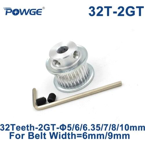 POWGE 32 Teeth 2M 2GT Timing Pulley Bore 5/6/6.35/7/8/10mm for 2MGT GT2 Synchronous belt width 6/9mm small backlash 32Teeth 32T
