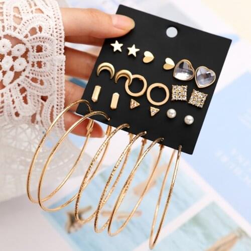 Hesiod New Earrings Sets Small Big Circle Earrings for Women Heart Moon Bow Crystal Pearl Earring Sets Wedding