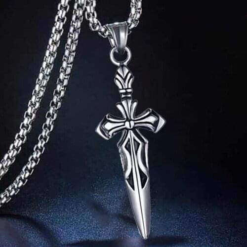 Pendant For Men Boy Vintage Jewelry 50 cm Stainless Steel Chain Punk Sword Cross Necklace