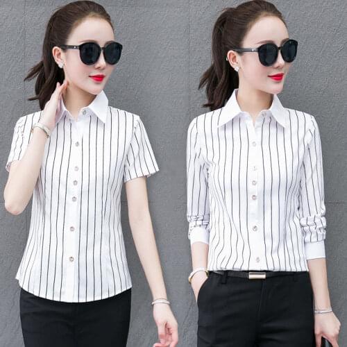 White Striped Shirt Female Korean Spring 2021 New Turn Down CollarBlouse Office Lady Professional Long/short Sleeve Top
