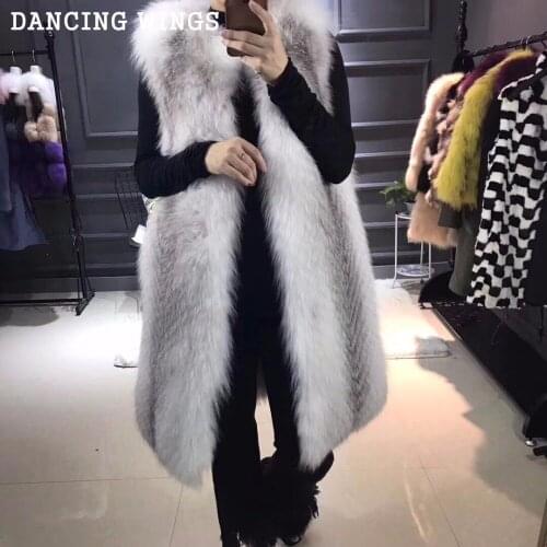 High quality women natural white cross fox fur coat thicker warm real fox fur vest length 90cm