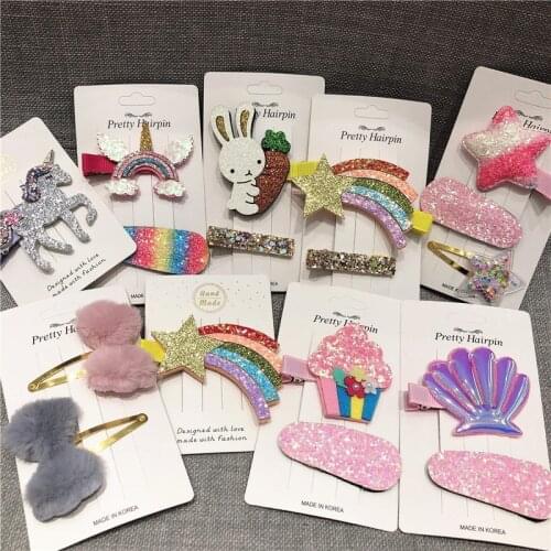2pcs/set Pink Cake Icon Hair Clip Rainbow Soft Plush Hairpin Baby Accessories Chaim Glitter Metal Barrette For Girl Party Gift