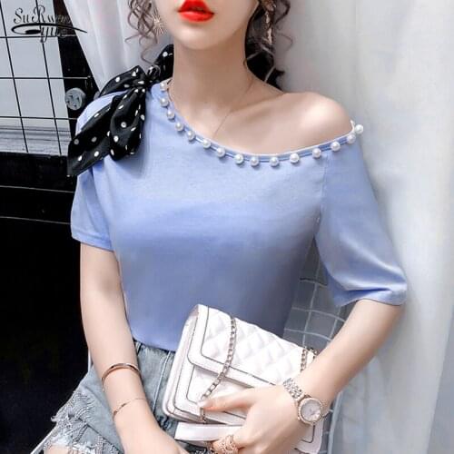 2021 Summer New Korean Style shirts Female College Style Beaded Round Neck Bow Loose Slimming Shirt Women Chemisier Femme 10263