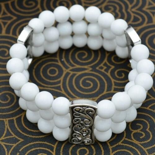 3 row Womens Natural 8mm Porcelain white Beads Stretch Tibetan silver Bracelet