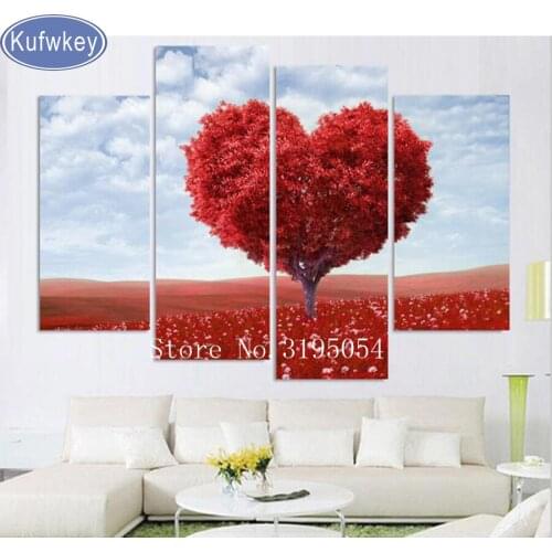 4 pcs,Full Square 5D DIY Diamond Painting heart tree wall Picture 3d Diamond Embroidery,Cross Stitch,Mosaic,stickers,home decor