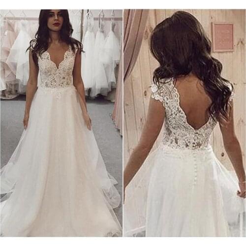 Angelsbridep Deep V-Neck Tulle Wedding Dress 2021 Short Sleeves Vestidos De Noiva Charming Appliques Button Back Bride Dress
