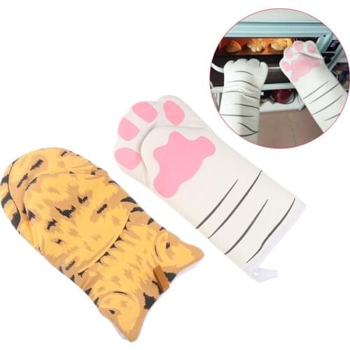 3D Cartoon Cat Paws Oven Mitts Long Cotton Baking Insulation Gloves Non-slip Cute Microwave Heat Resistant Kitchen Gloves