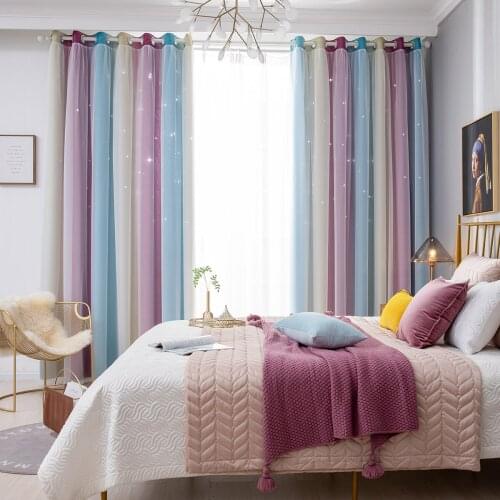 Double-Layer Yarn Tulle Overlay Window Curtain Hollow-Out Stars Ombre Curtain Drapes Eyelet Living Room Bedroom Curtain D30