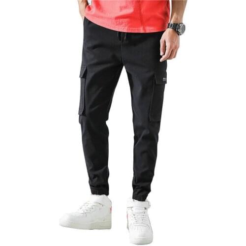 Men Joggers Ribbons Multi-pocket Casual Trousers Hip Hop Harem Streetwear Pants Popular ArmyGreen black Cargo Pants Gym Clothing