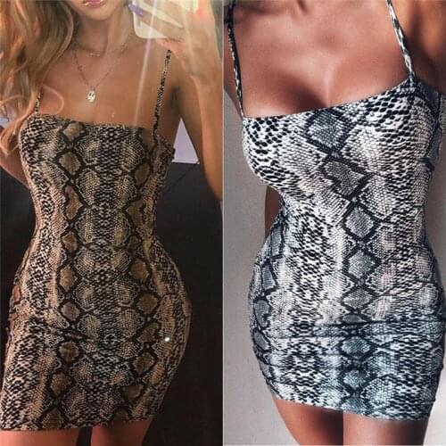 Elegant Womens Bodycon Slim Pencil Dress Snake Skin Print Autumn Women Sexy Backless Low Cut Party Mini Dresses