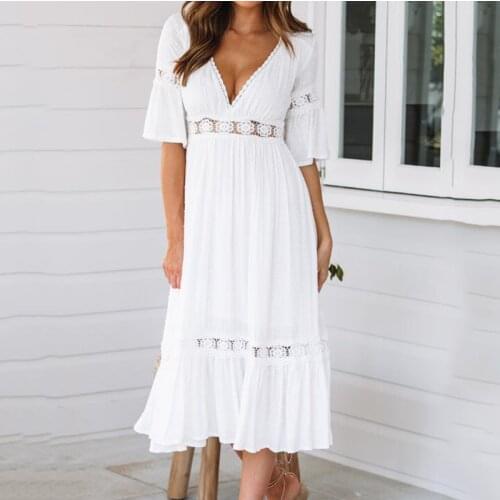 Elegant White Lace Edge Long Dresses for Women 2021 Summer Sexy Deep V Neck Dress Fairy Vintage Beach Dress Vestidos De Mujer